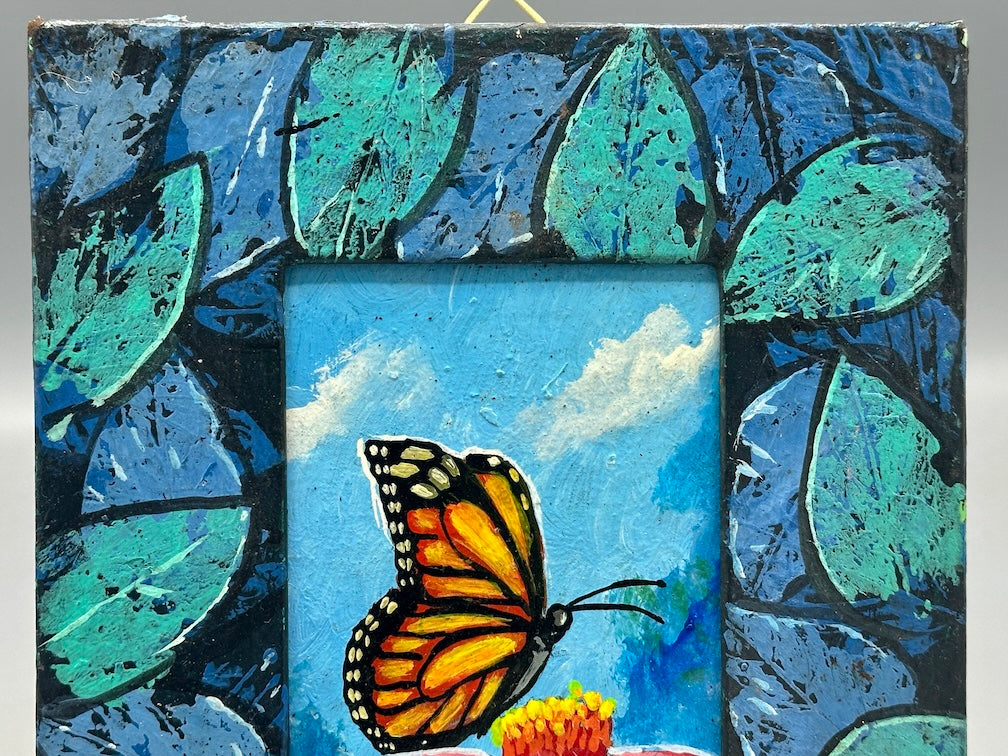 Original Framed Tropical Butterfly Painting on Wood from El Salvador