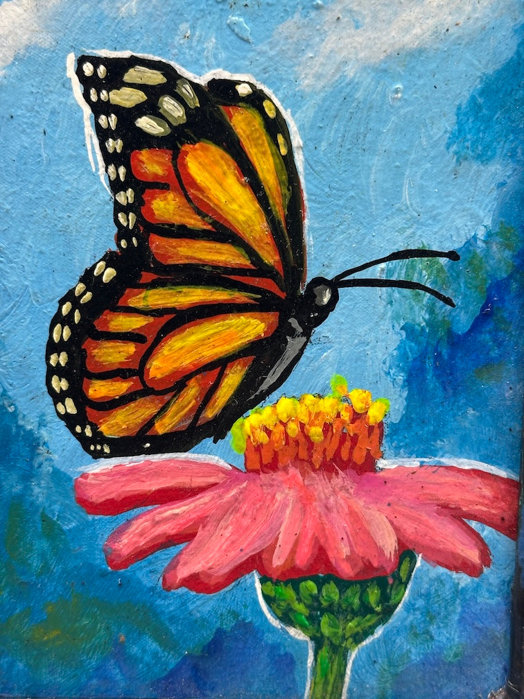Original Framed Tropical Butterfly Painting on Wood from El Salvador