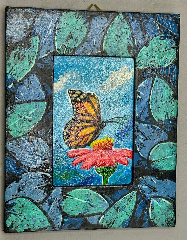 Original Framed Tropical Butterfly Painting on Wood from El Salvador