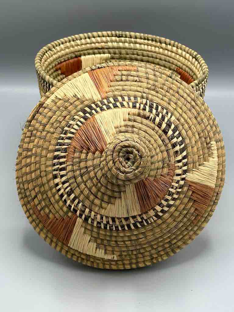 Large Vintage Covered Batwa Raffia Basket - Uganda