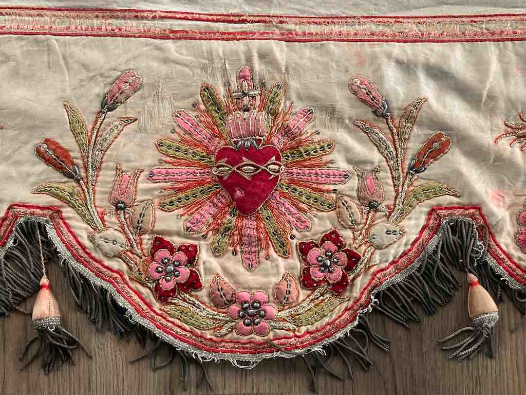 Antique Vietnamese Catholic Sacred Heart Design Authentic Ecclesiastical Cloth Altar Textile