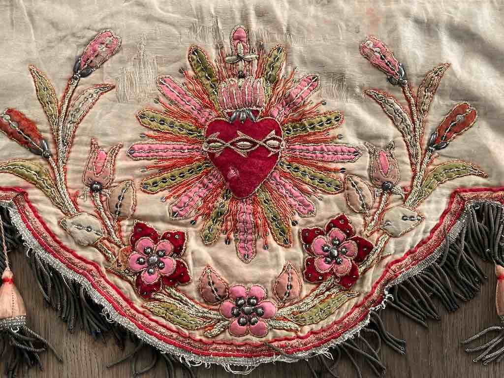 Antique Vietnamese Catholic Sacred Heart Design Authentic Ecclesiastical Cloth Altar Textile