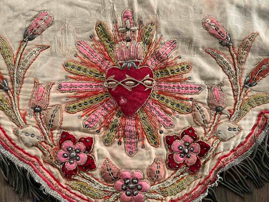 Antique Vietnamese Catholic Sacred Heart Design Authentic Ecclesiastical Cloth Altar Textile