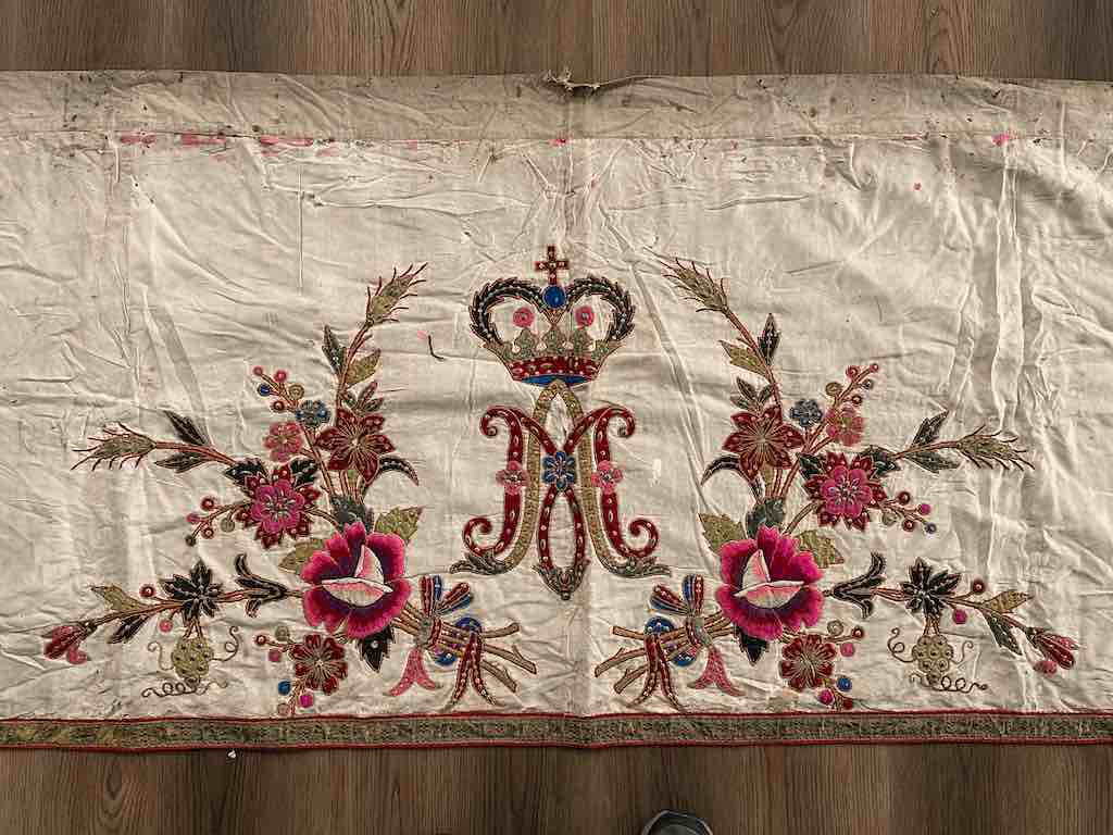 Antique Vietnamese Catholic Marian Cross Design Authentic Ecclesiastical Cloth Altar Textile