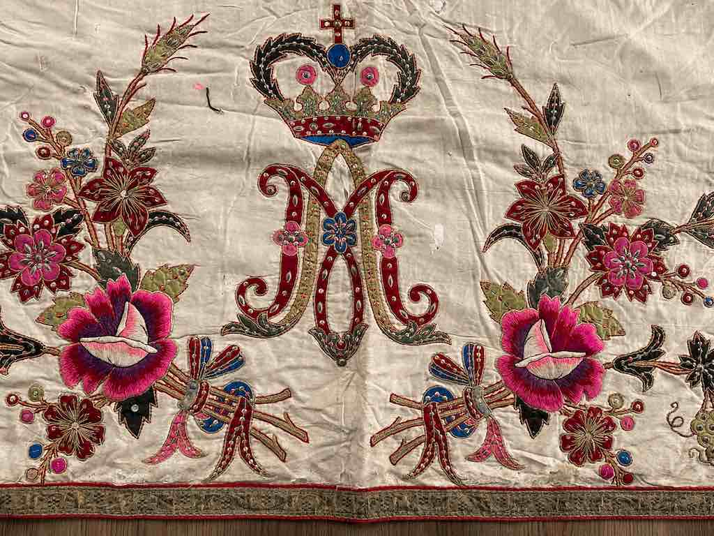 Antique Vietnamese Catholic Marian Cross Design Authentic Ecclesiastical Cloth Altar Textile