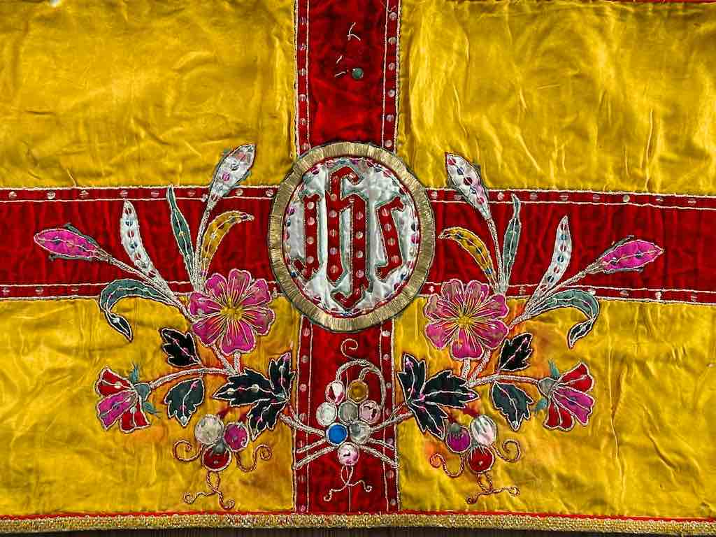 Antique Vietnamese Catholic IHS Design Authentic Ecclesiastical Cloth Altar Textile