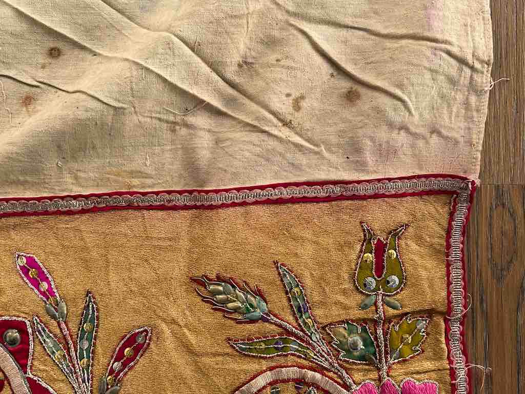 Antique Vietnamese Catholic Lamb of God Flaming Heart Design Authentic Ecclesiastical Cloth Altar Textile