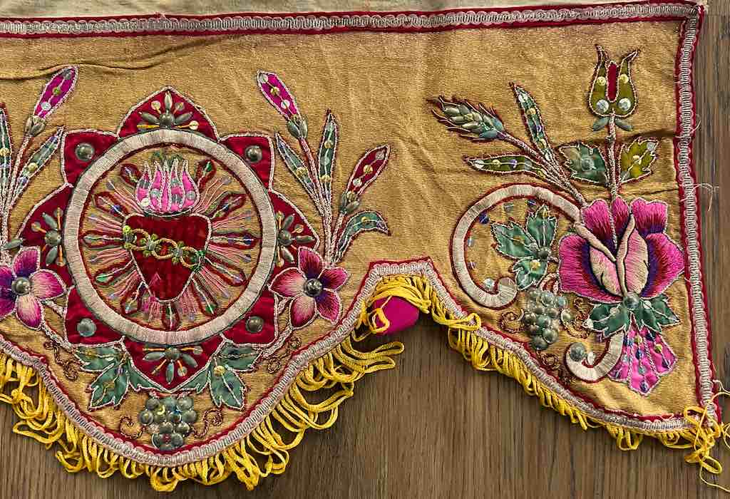 Antique Vietnamese Catholic Lamb of God Flaming Heart Design Authentic Ecclesiastical Cloth Altar Textile