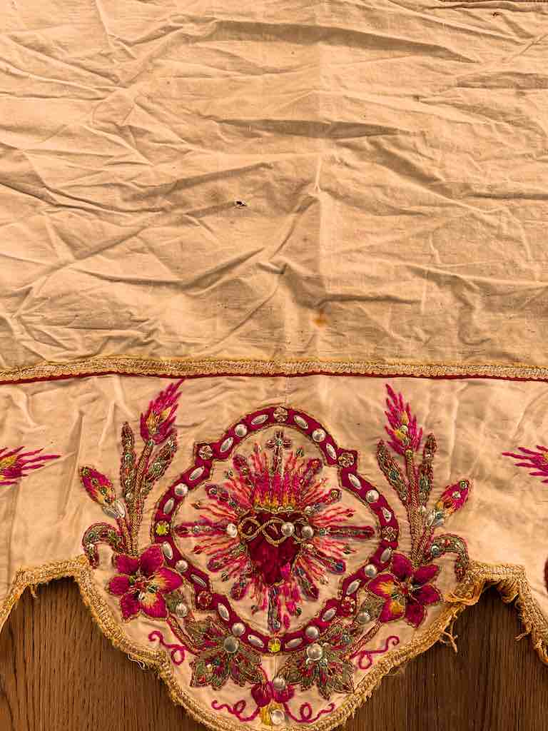 Antique Vietnamese Catholic Flaming Heart Design Authentic Ecclesiastical Cloth Altar Textile