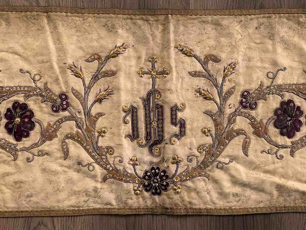 Antique Vietnamese Catholic IHS Design Authentic Ecclesiastical Cloth Altar Textile