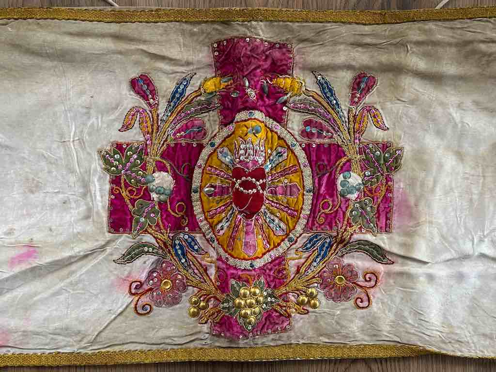 Antique Vietnamese Catholic Flaming Heart Cross Design Authentic Ecclesiastical Cloth Altar Textile