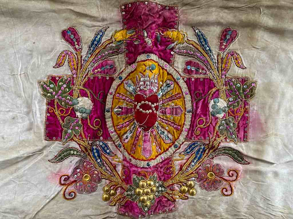 Antique Vietnamese Catholic Flaming Heart Cross Design Authentic Ecclesiastical Cloth Altar Textile