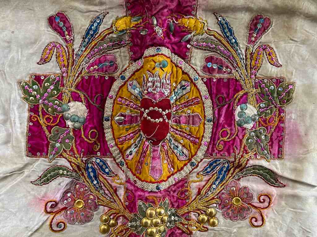 Antique Vietnamese Catholic Flaming Heart Cross Design Authentic Ecclesiastical Cloth Altar Textile