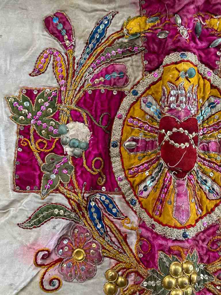 Antique Vietnamese Catholic Flaming Heart Cross Design Authentic Ecclesiastical Cloth Altar Textile