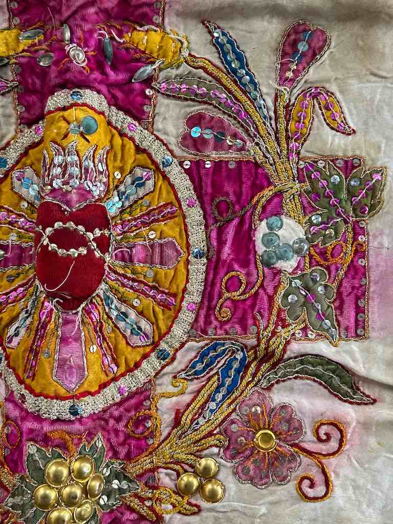Antique Vietnamese Catholic Flaming Heart Cross Design Authentic Ecclesiastical Cloth Altar Textile