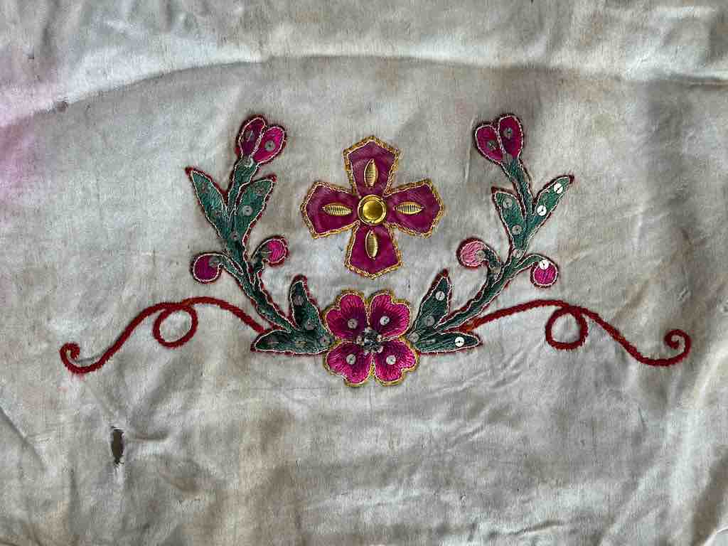Antique Vietnamese Catholic Flaming Heart Cross Design Authentic Ecclesiastical Cloth Altar Textile