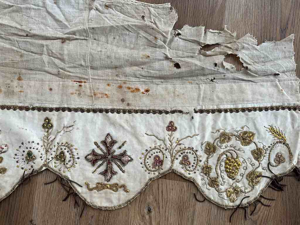 Antique Vietnamese Catholic Sacred Hearts Maltese Crosses Design Authentic Ecclesiastical Cloth Altar Textile