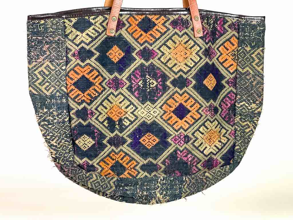 Large Vintage Vietnamese Textile Leather Handle Handbag