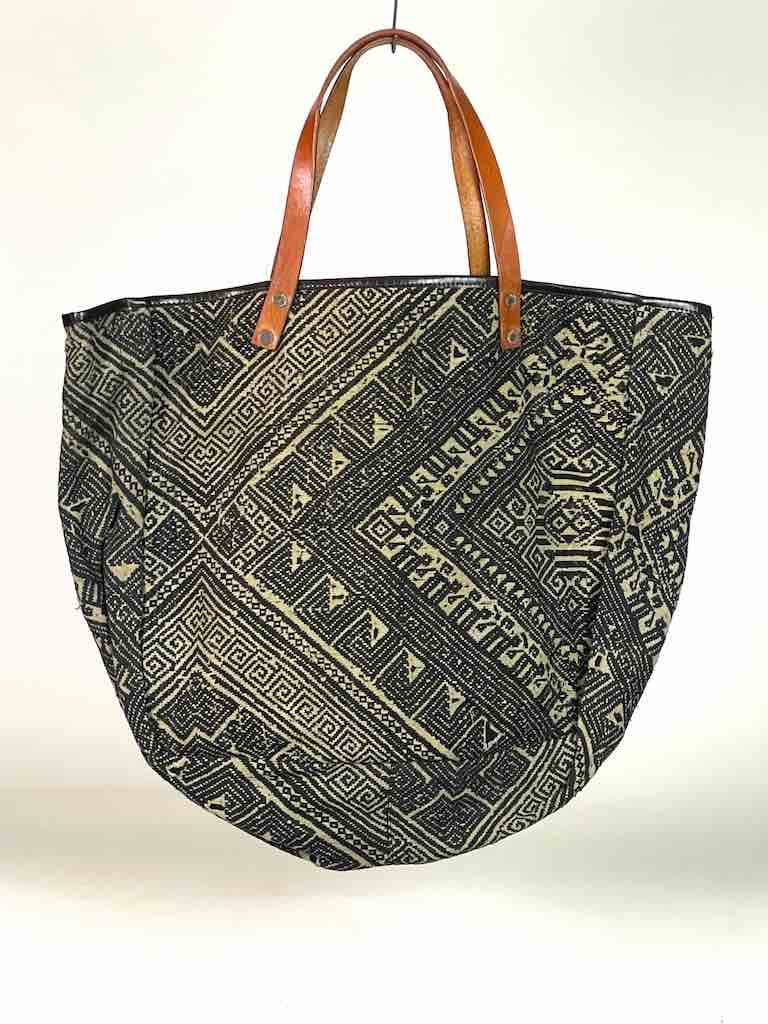 Large Vintage Vietnamese Textile Leather Handle Handbag