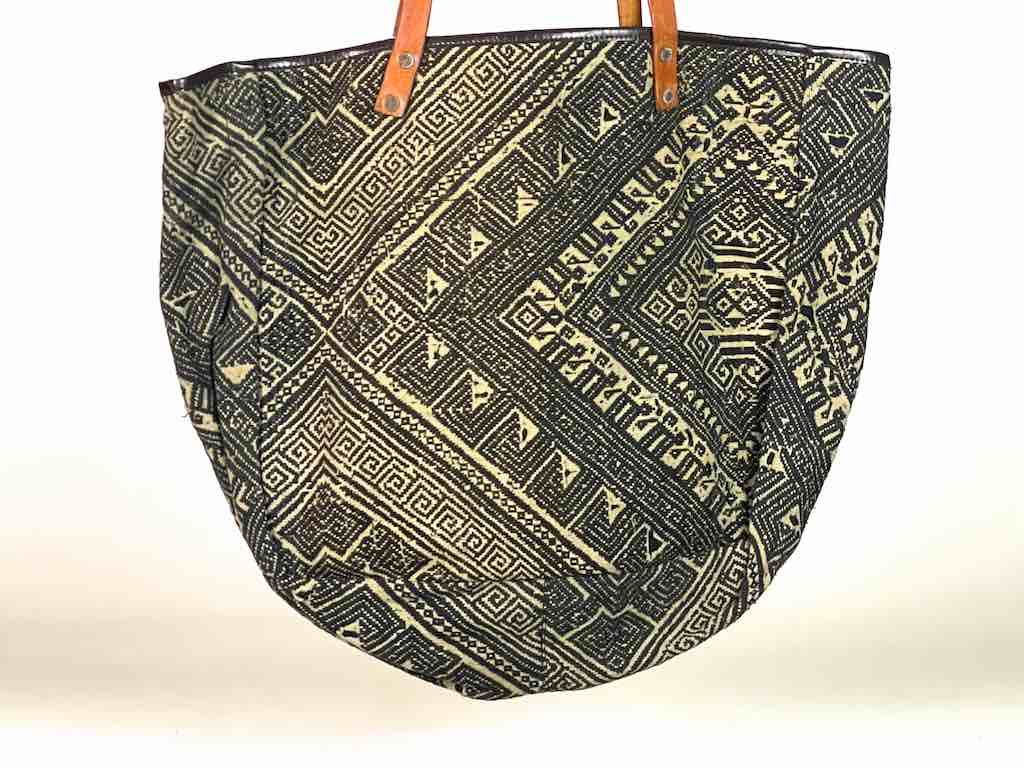 Large Vintage Vietnamese Textile Leather Handle Handbag