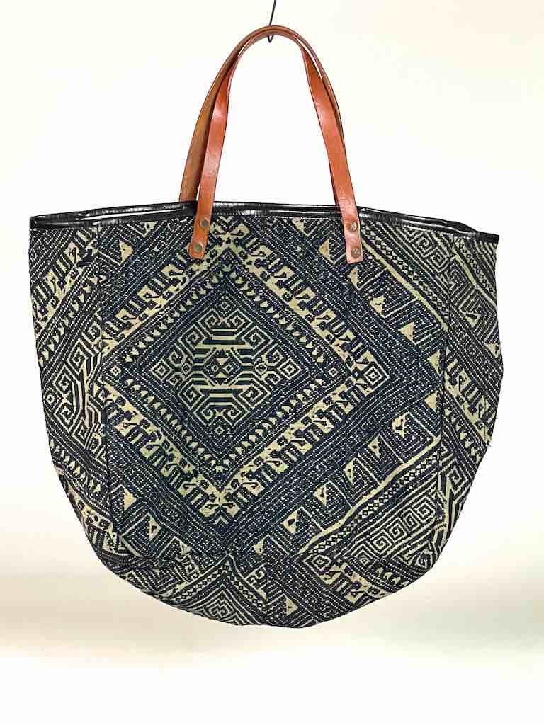 Large Vintage Vietnamese Textile Leather Handle Handbag