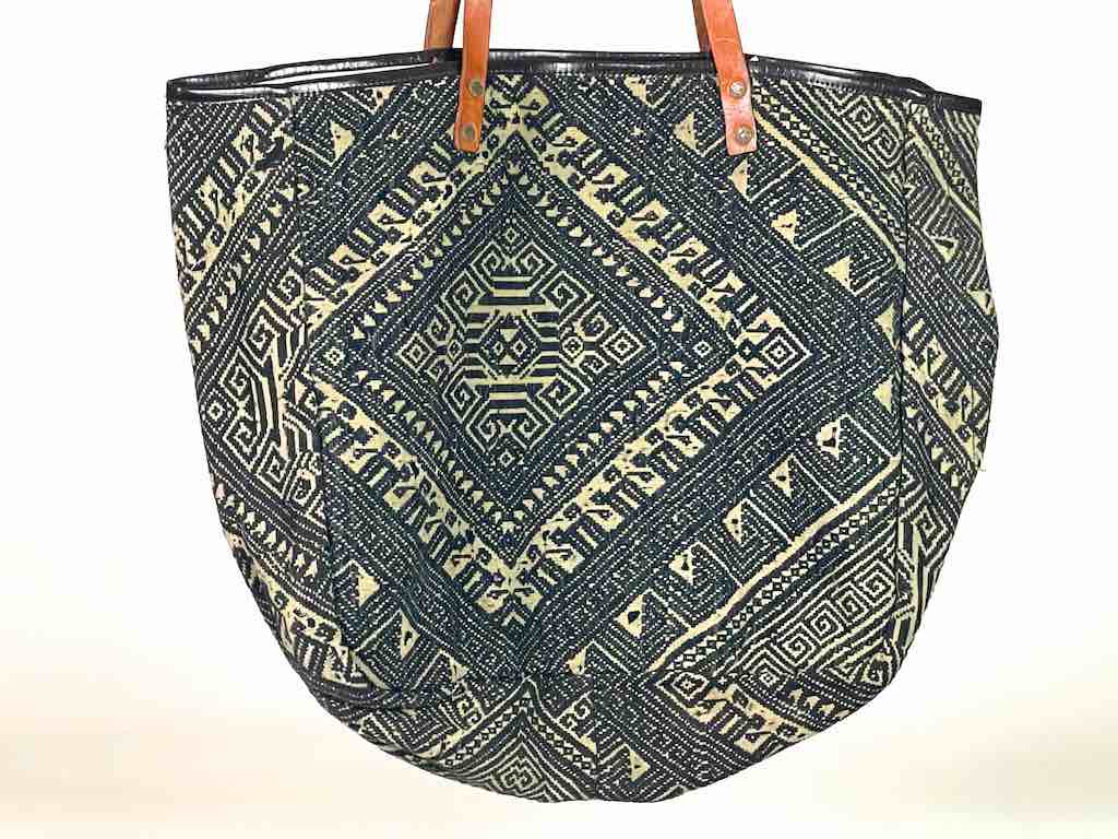 Large Vintage Vietnamese Textile Leather Handle Handbag