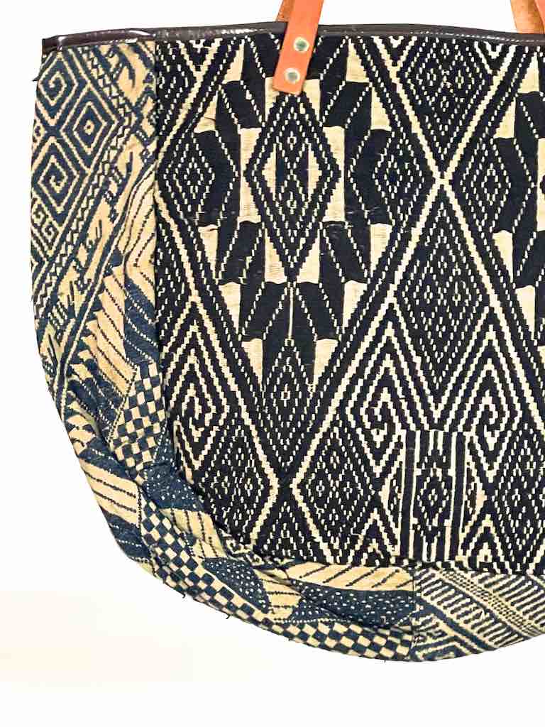 Large Vintage Vietnamese Textile Leather Handle Handbag