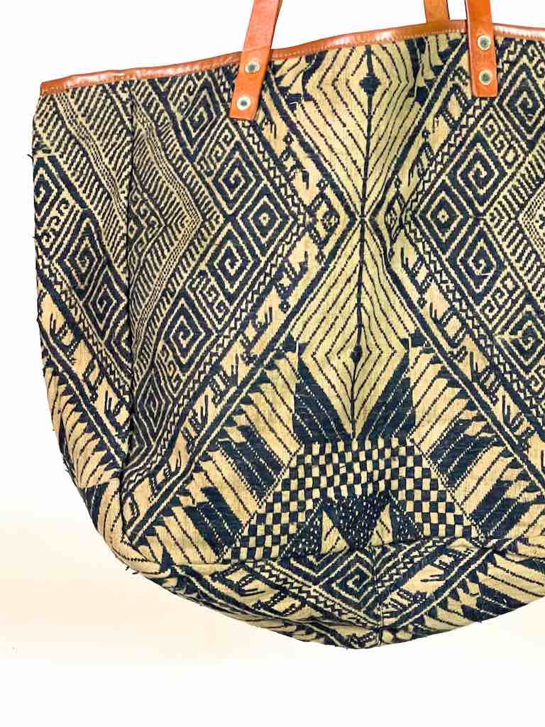 Large Vintage Vietnamese Textile Leather Handle Handbag