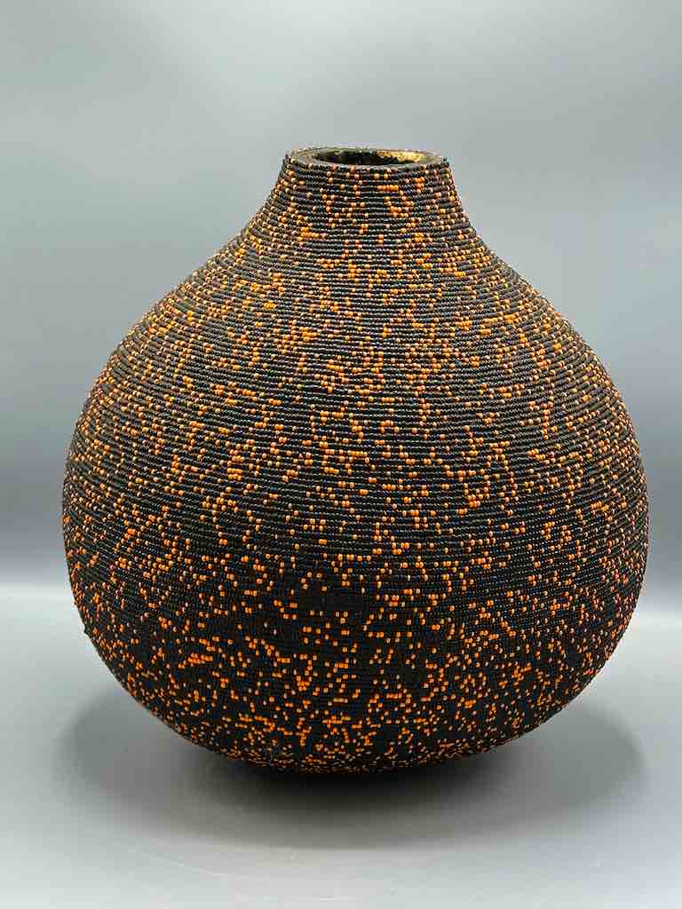 Congolese Beaded Decor Gourd from Kenya Africa - Orange/Black