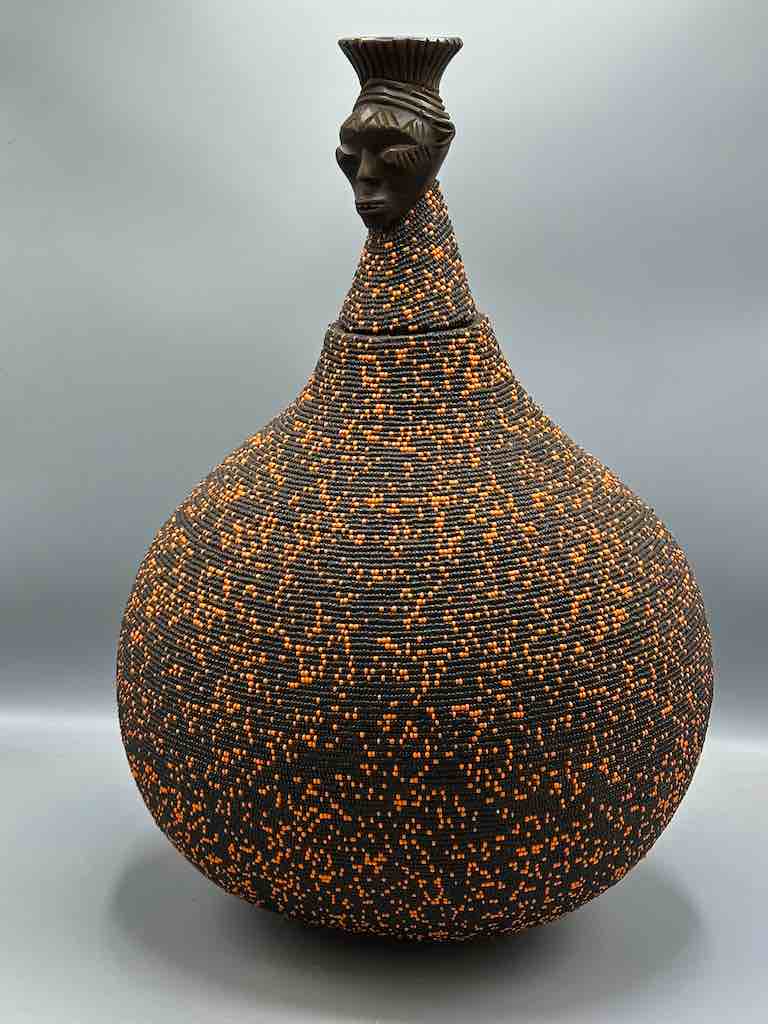Congolese Beaded Decor Gourd from Kenya Africa - Orange/Black
