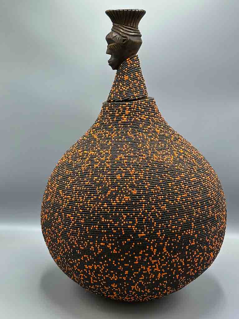 Congolese Beaded Decor Gourd from Kenya Africa - Orange/Black