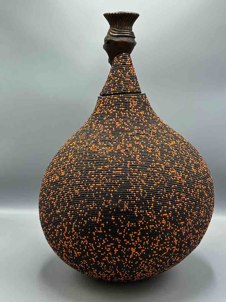 Congolese Beaded Decor Gourd from Kenya Africa - Orange/Black