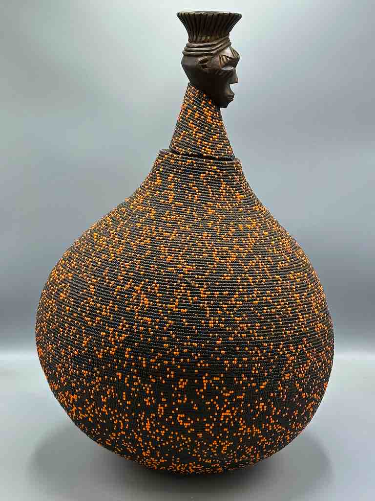 Congolese Beaded Decor Gourd from Kenya Africa - Orange/Black