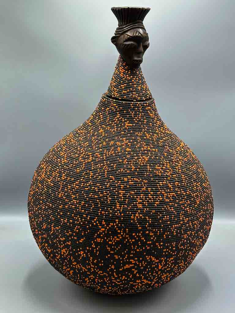 Congolese Beaded Decor Gourd from Kenya Africa - Orange/Black