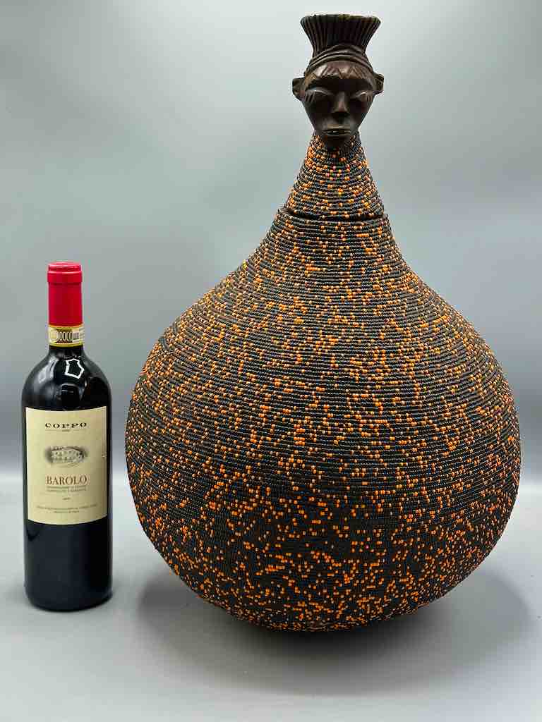 Congolese Beaded Decor Gourd from Kenya Africa - Orange/Black