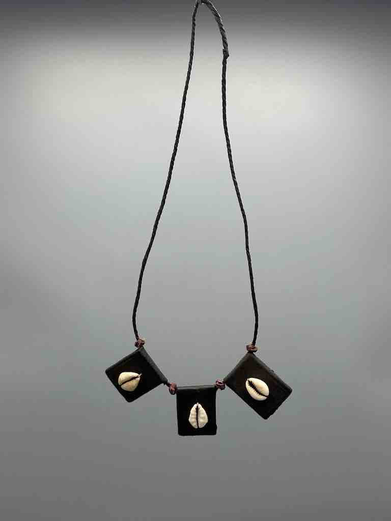 Cowrie Shell Triple GriGri Black Leather Cord Long Necklace - Mali