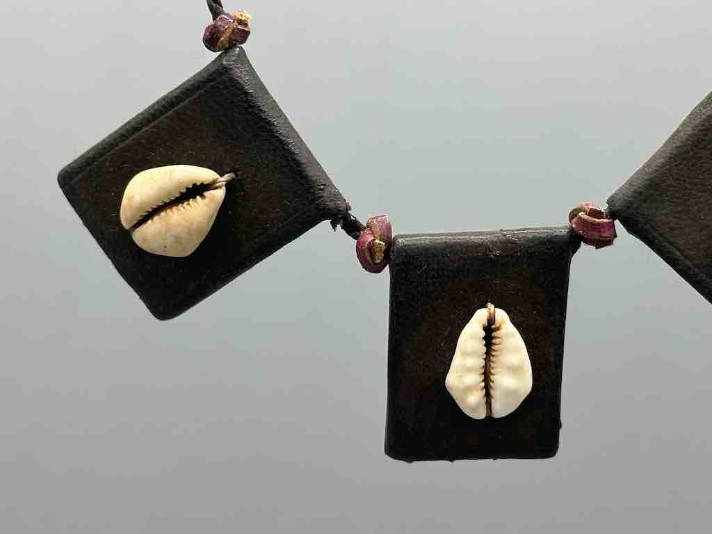 Cowrie Shell Triple GriGri Black Leather Cord Long Necklace - Mali
