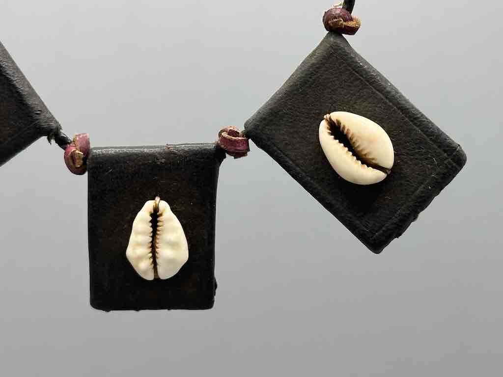 Cowrie Shell Triple GriGri Black Leather Cord Long Necklace - Mali