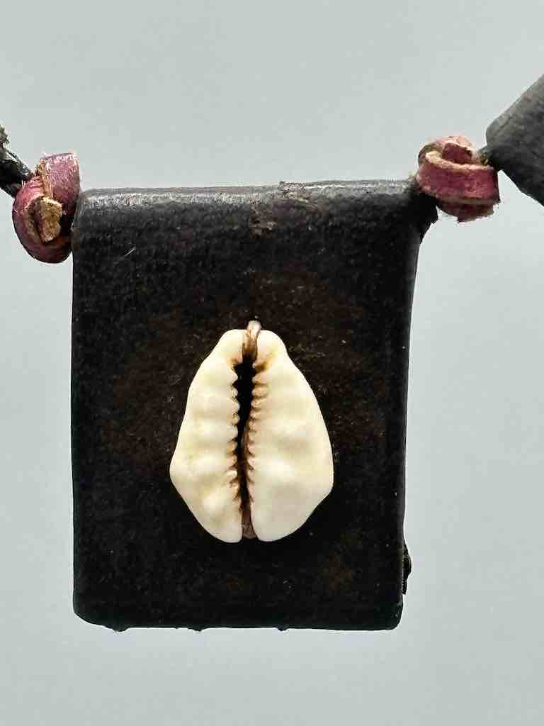 Cowrie Shell Triple GriGri Black Leather Cord Long Necklace - Mali