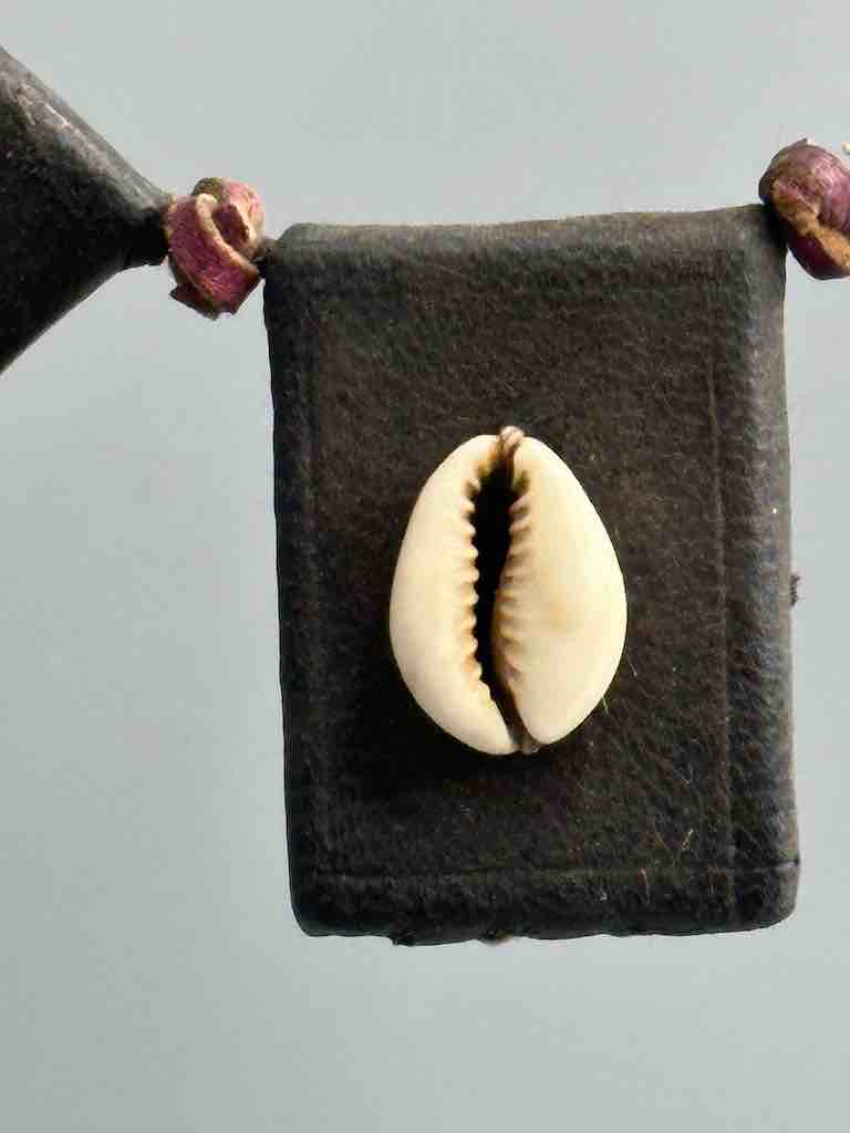 Cowrie Shell Triple GriGri Black Leather Cord Long Necklace - Mali