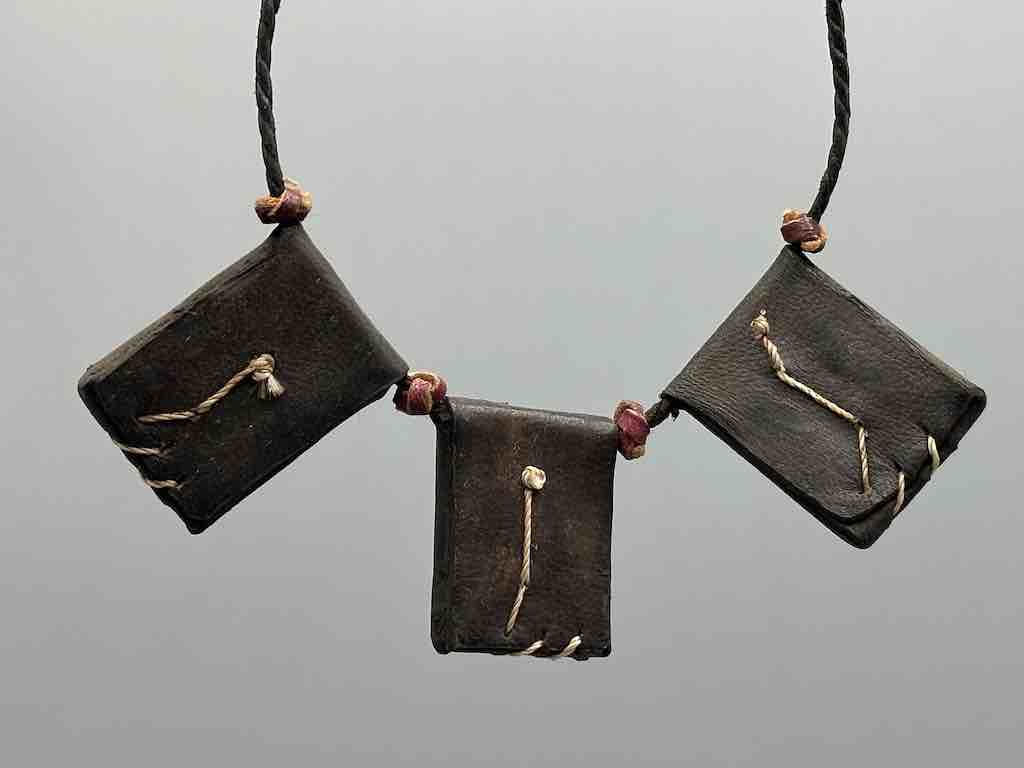 Cowrie Shell Triple GriGri Black Leather Cord Long Necklace - Mali