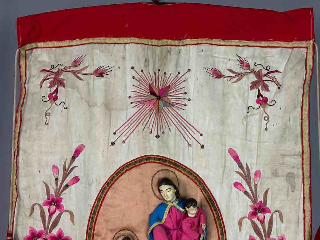 Antique Vietnamese Catholic Holy Family Banner Authentic Ecclesiastical Cloth