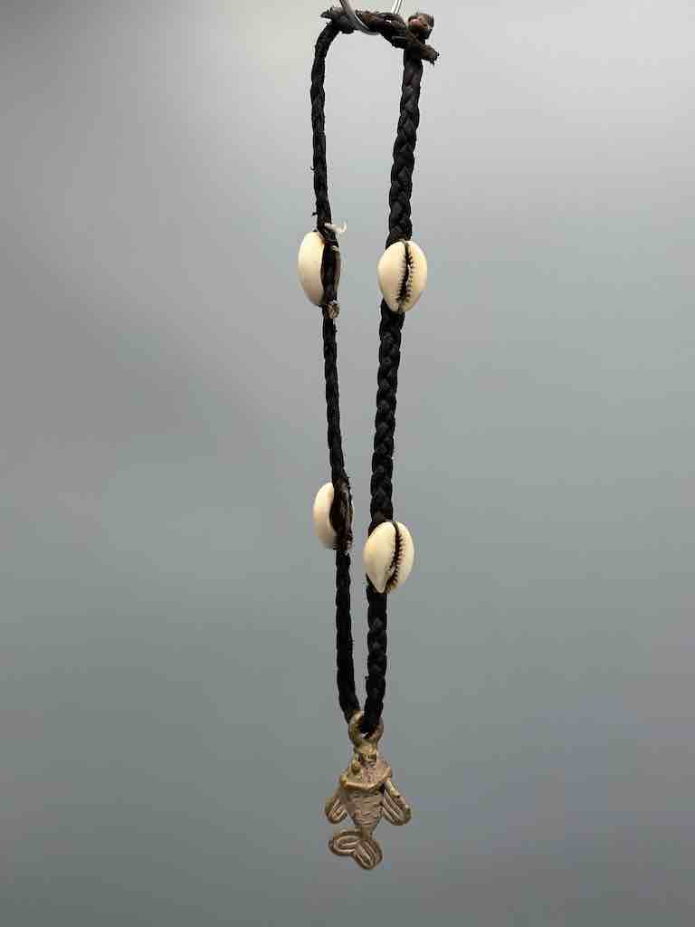 Leather & Cowrie Shell Brass Fish Pendant Necklace Choker - Mali