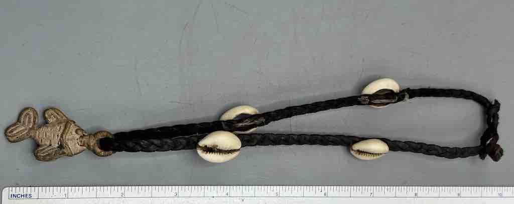 Leather & Cowrie Shell Brass Fish Pendant Necklace Choker - Mali