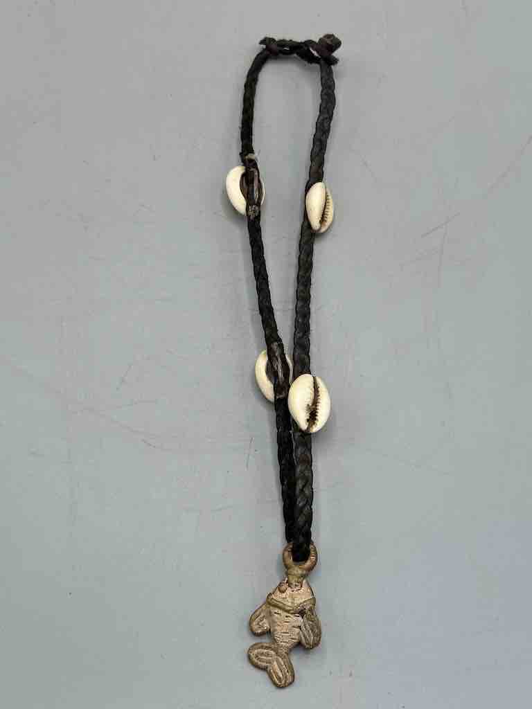 Leather & Cowrie Shell Brass Fish Pendant Necklace Choker - Mali