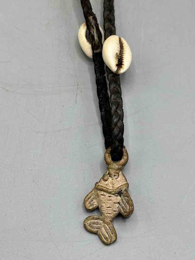 Leather & Cowrie Shell Brass Fish Pendant Necklace Choker - Mali