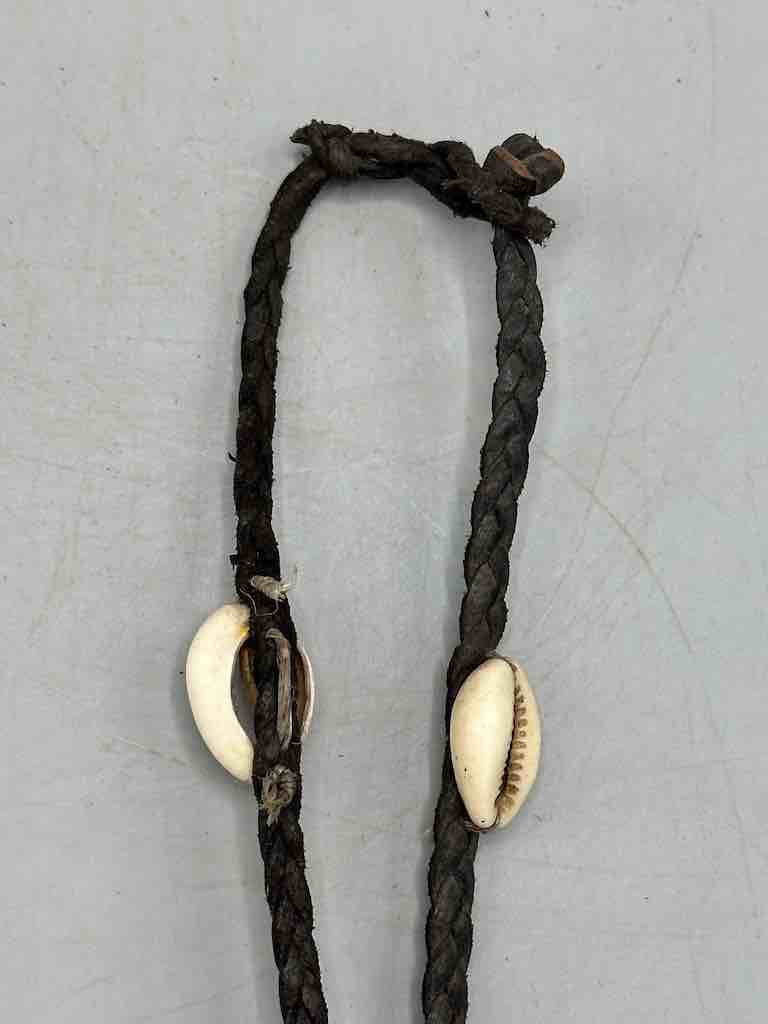 Leather & Cowrie Shell Brass Fish Pendant Necklace Choker - Mali