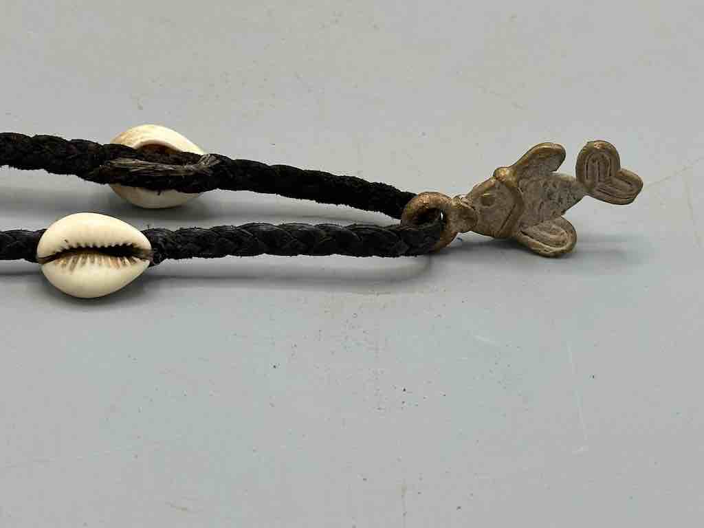 Leather & Cowrie Shell Brass Fish Pendant Necklace Choker - Mali