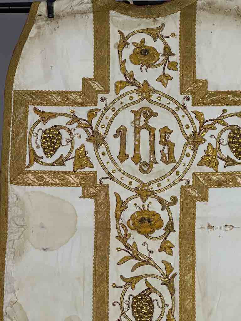 Antique Vietnamese Catholic IHS Cross Design Chasuble Authentic Ecclesiastical Cloth