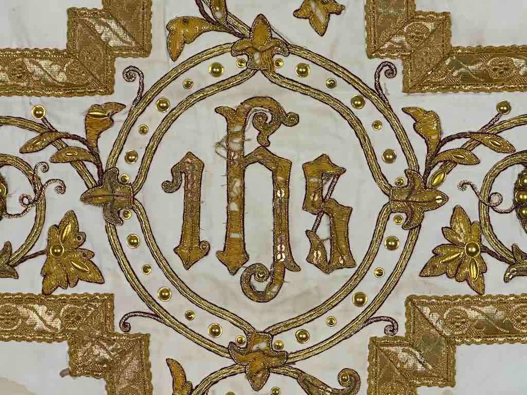 Antique Vietnamese Catholic IHS Cross Design Chasuble Authentic Ecclesiastical Cloth
